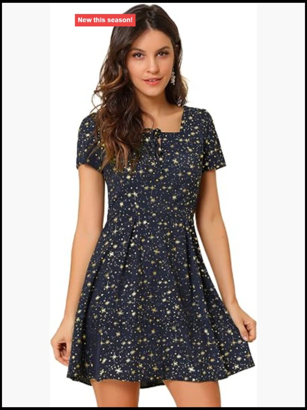 Women's Printed Fit & Flare Square Neck Short Sleeve Summer Dress Swing Flowy